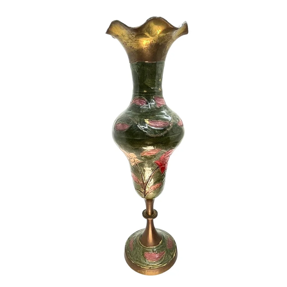 Brass Enamel Vase Footed Fluted Top Green Pink Cream Vintage MCM Retro Decor - Picture 2 of 16